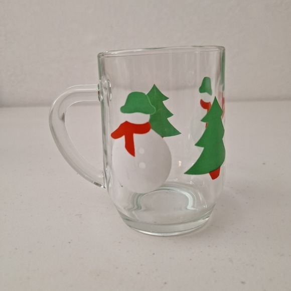 Vintage Luminarc Clear Glass Mug Snowman Tree Made in France Vintage 70s - Picture 1 of 10
